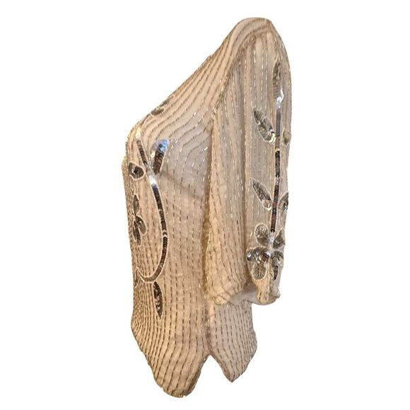 Vintage 60s Ivory Sequin Floral Beaded Silk Top Sz M 3/4 Sleeve Scalloped Beaded - Picture 9 of 16